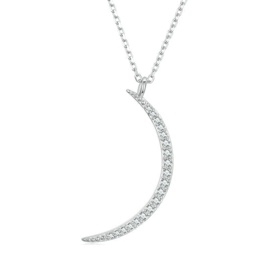 Sterling Silver S925 White Gold Plated Zircon Crescent Pendant Necklace