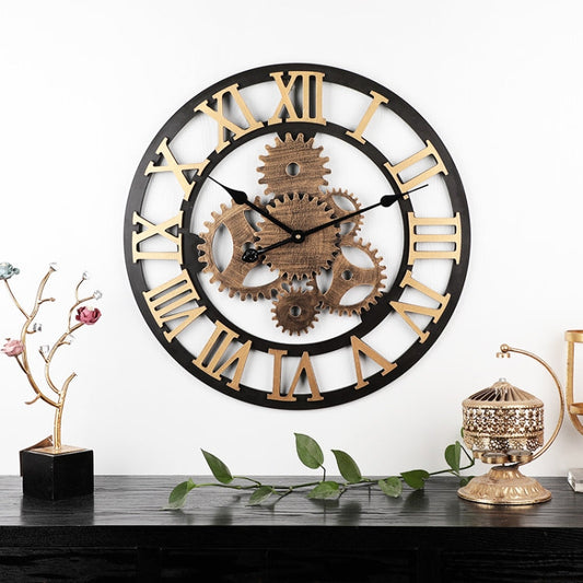 Vintage Wooden Round Gear Silent Wall Clock