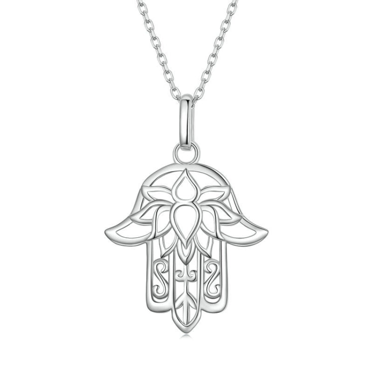 Sterling Silver S925 Hand of Fatima Hollow Lotus Plated Platinum Necklace