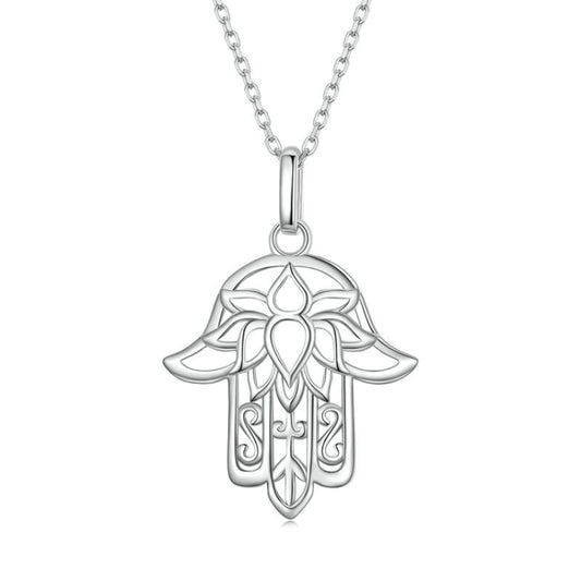 Sterling Silver S925 Hand of Fatima Hollow Lotus Plated Platinum Necklace