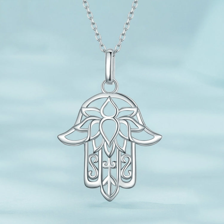 Sterling Silver S925 Hand of Fatima Hollow Lotus Plated Platinum Necklace