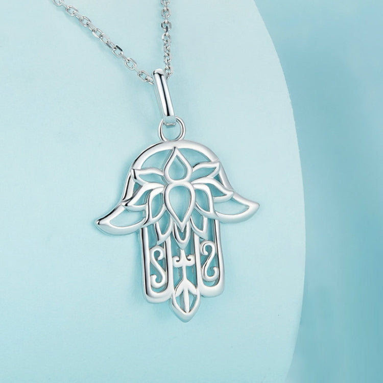 Sterling Silver S925 Hand of Fatima Hollow Lotus Plated Platinum Necklace