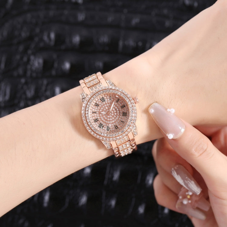 Full Diamond Roman Literal Steel Strap Quartz Watch