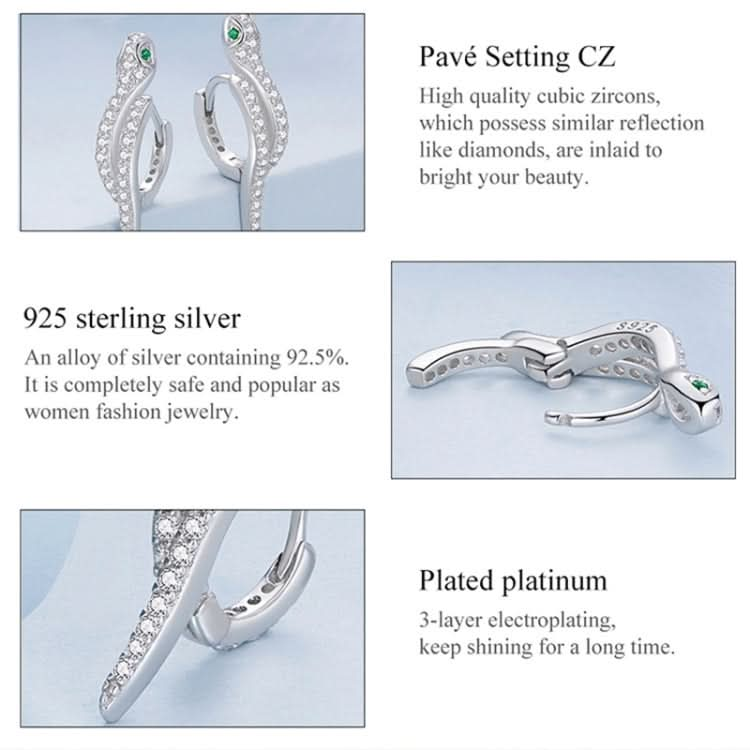 Sterling Silver S925 White Gold Plated Zircon Snake Earrings Reluova