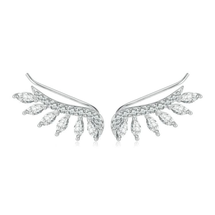 Sterling Silver S925 Sparkling Platinum Zircon Wing Feather Long Stud Earrings Reluova