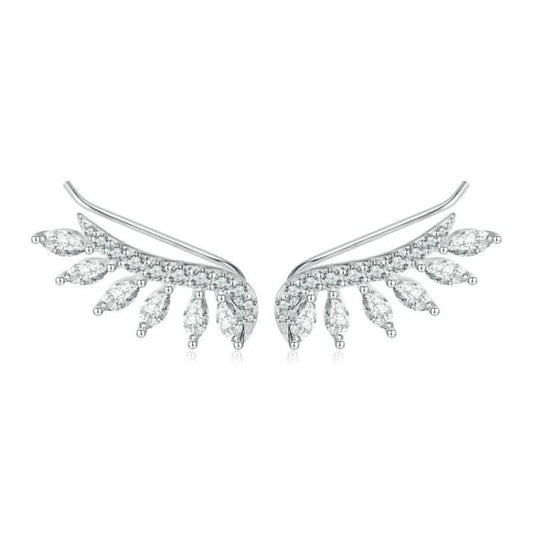 Sterling Silver S925 Sparkling Platinum Zircon Wing Feather Long Stud Earrings Reluova