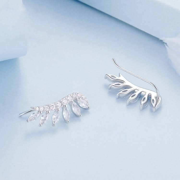 Sterling Silver S925 Sparkling Platinum Zircon Wing Feather Long Stud Earrings Reluova