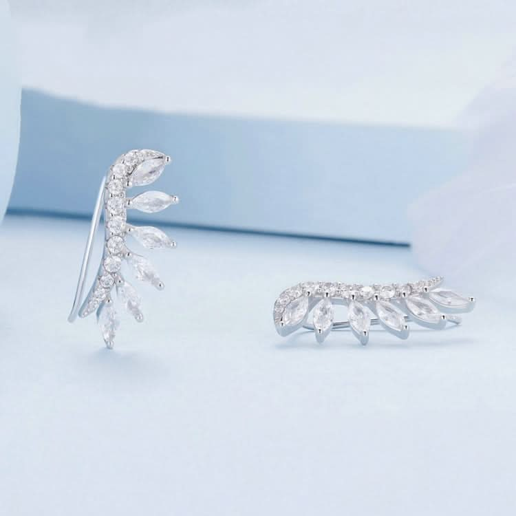 Sterling Silver S925 Sparkling Platinum Zircon Wing Feather Long Stud Earrings Reluova