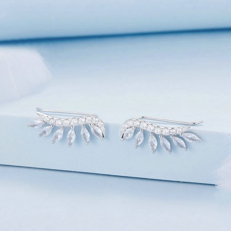 Sterling Silver S925 Sparkling Platinum Zircon Wing Feather Long Stud Earrings Reluova