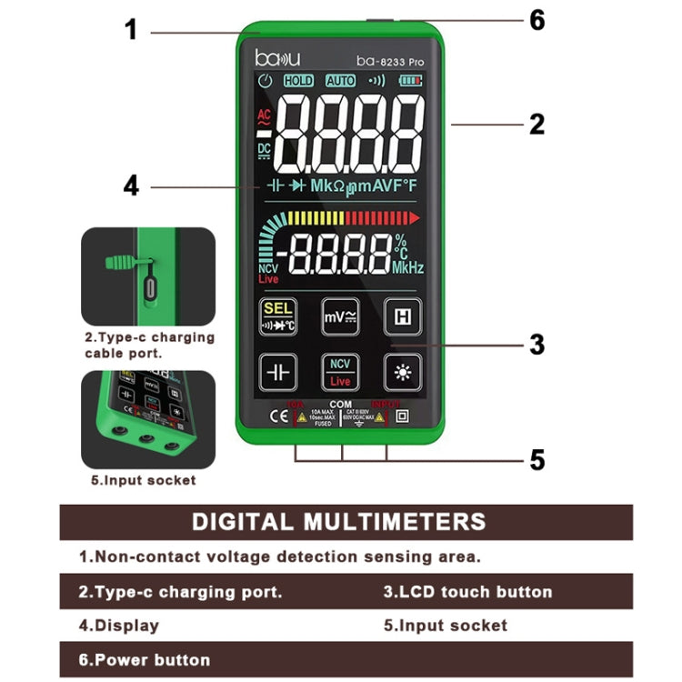 Baku BA-8233 Pro Electric Maintenance Resistor Current Touch Screen Digital Universal Mulitmeter Reluova