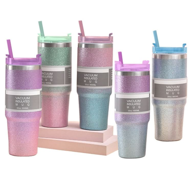 Glitter Insulation Coffee Cup Double Layer Ice Cup Stainless Steel Car Cup With Straw Reluova