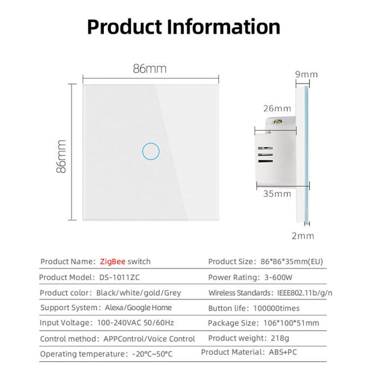 Tuya ZigBee Zero Firewire Touch Wall Remote Control Switch Light Control Voice Switch EU Plug, Style: Reluova