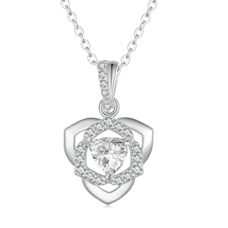 Sterling Silver S925 Rose Heart Pendant White Gold Plated Zircon Necklace Reluova