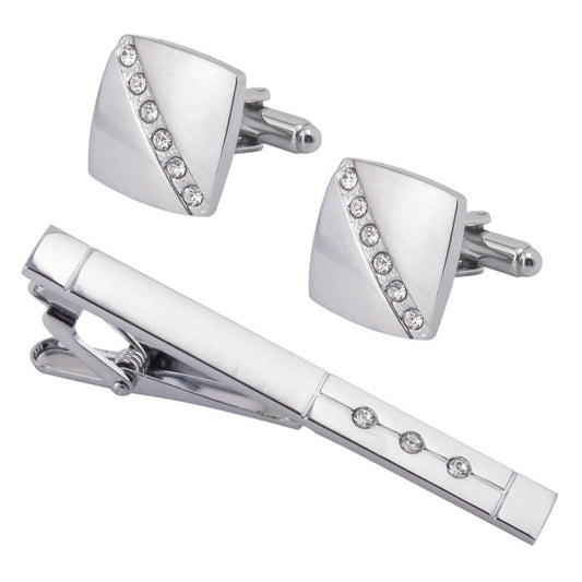 Plain Diamond Shiny Brushed Cufflinks Tie Clip Set Reluova