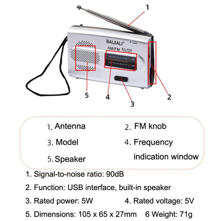 BAIJIALI BJL-R28 Elderly Portable Portable Retro Radio AM / FM Two Band Radio