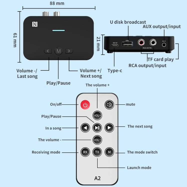 A2 NFC 5.1 Bluetooth U Disk/TF Card/AUX/RCA Receiving Transmitter