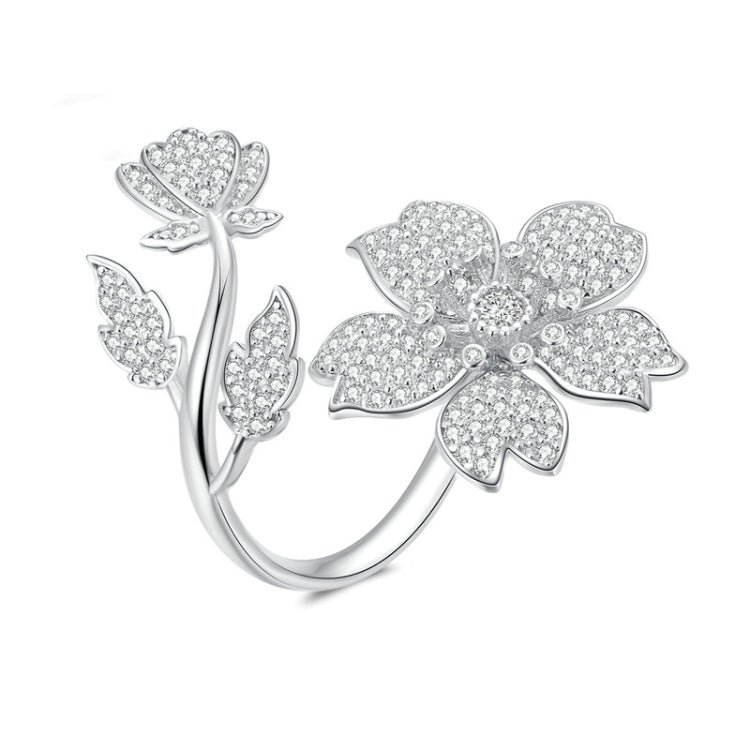 Sterling Silver S925 White Gold Plated Zircon Cherry Blossom Open Adjustable Ring My Store