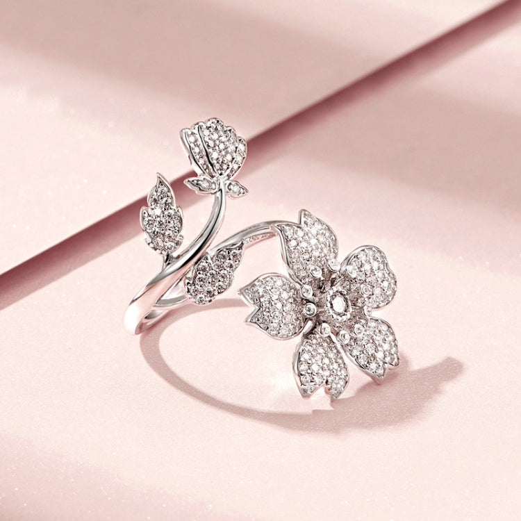 Sterling Silver S925 White Gold Plated Zircon Cherry Blossom Open Adjustable Ring My Store