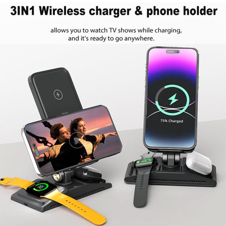 3-In-1 15W Portable Folding Desktop Stand Mobile Phone Wireless Charger