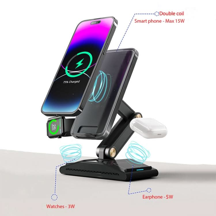 3-In-1 15W Portable Folding Desktop Stand Mobile Phone Wireless Charger