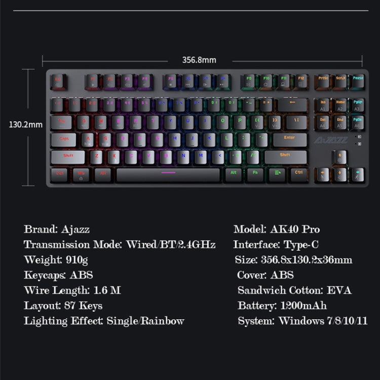 Ajazz AK40pro 87 Keys Bluetooth/Wireless/Wired Three Mode Game Office Mechanical Keyboard My Store