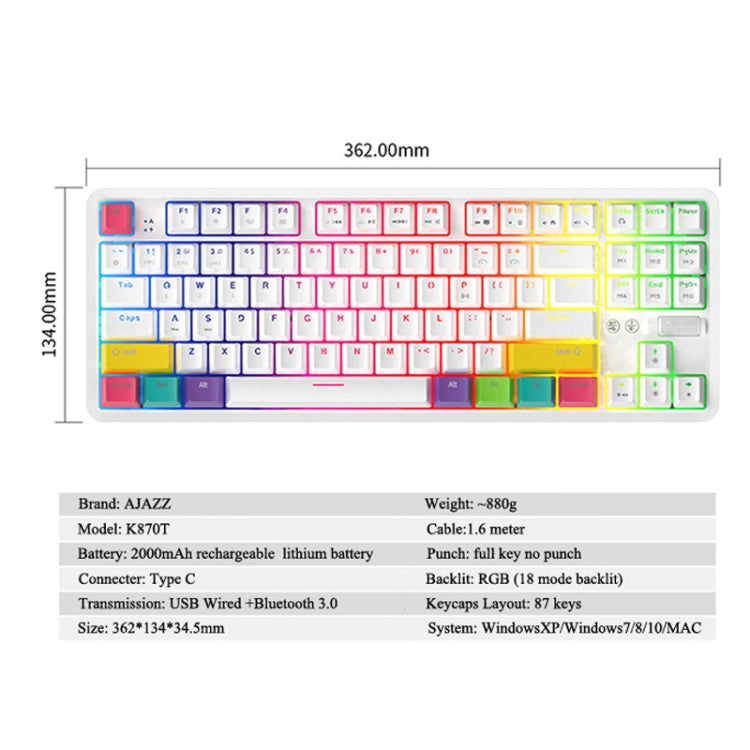 Ajazz K870T 87-Key RGB Office Game Phone Tablet Bluetooth/Wired Dual-Mode Mechanical Keyboard