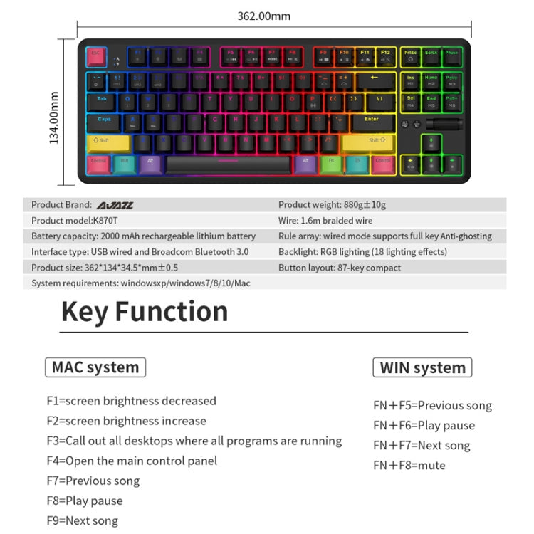 Ajazz K870T 87-Key Hot Swap Bluetooth/Wired Dual Mode RGB Backlight Office Game Mechanical Keyboard