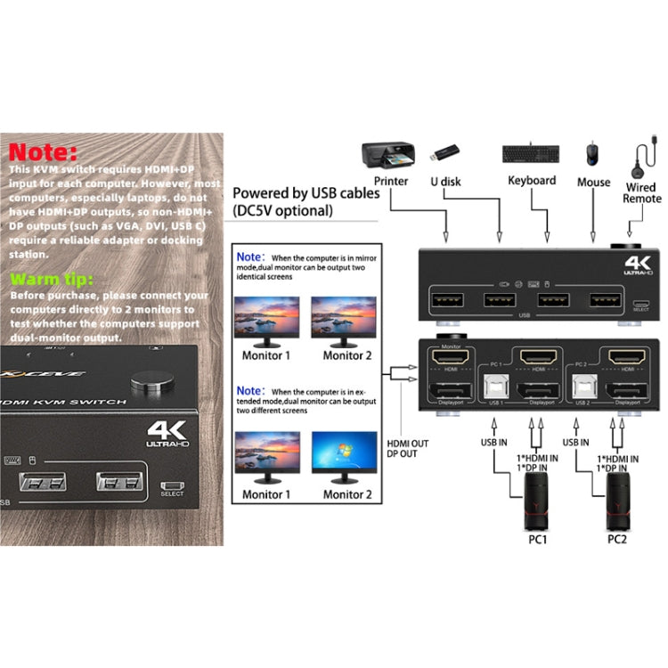 202DH DP HDMI Dual Channel KVM Switch Computer Host DP Interface Keyboard Mouse Sharing Display-Reluova