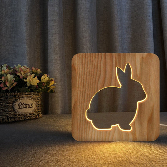 FS-T2104W  3D Wooden Carving Rabbit Table Lamp USB Night Light Crafts My Store