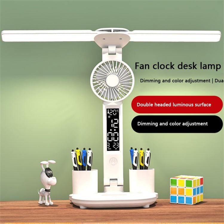 Double Head Lighting LED Fan Desk Lamp with Pen Holder & Clock My Store