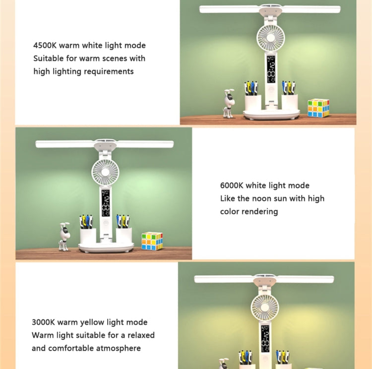 Double Head Lighting LED Fan Desk Lamp with Pen Holder & Clock My Store