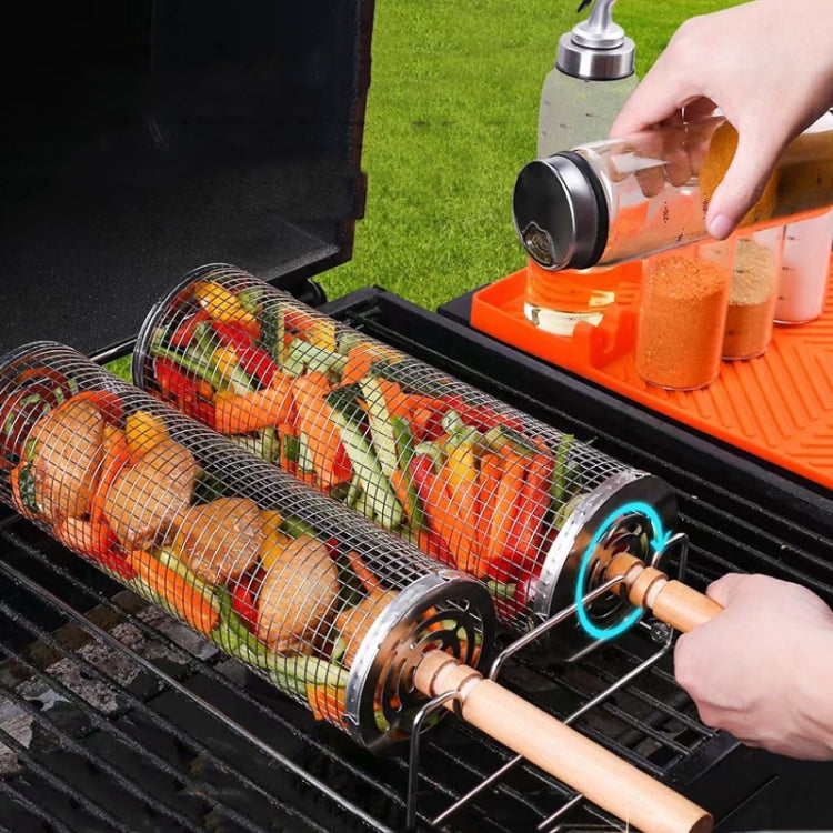 Upgrade Flip-top Lid BBQ Cage Stainless Steel Rolling Grilling Basket With Wooden Handle Reluova