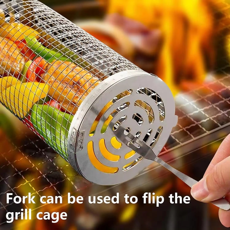 Upgrade Flip-top Lid BBQ Cage Stainless Steel Rolling Grilling Basket With Wooden Handle Reluova