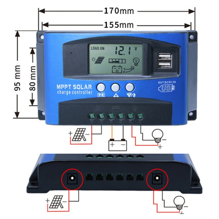 YCX-003 30-100A Solar Charging Controller with LED Screen & Dual USB Port Smart MPPT Charger