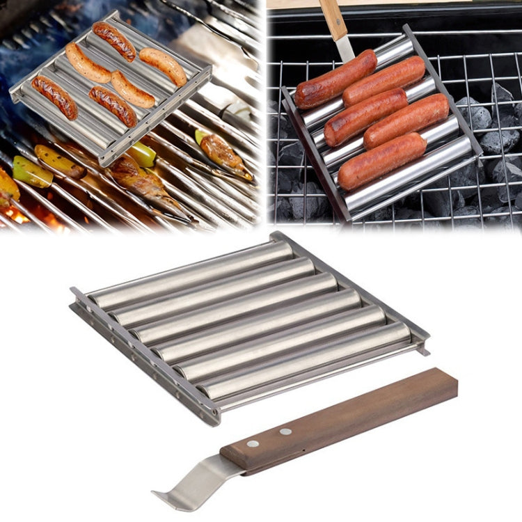 Hot Dog Sausage Grill Stainless Steel Wooden Handle BBQ Rack Kitchen Tools Reluova