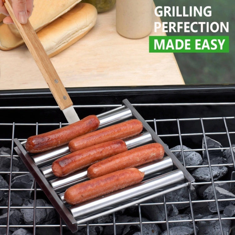 Hot Dog Sausage Grill Stainless Steel Wooden Handle BBQ Rack Kitchen Tools Reluova