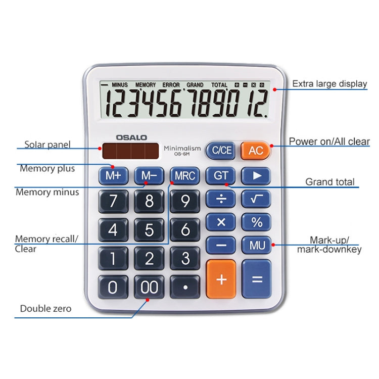 OSALO OS-6M 12-digit Office Desktop Calculator Solar Dual Power Calculator My Store