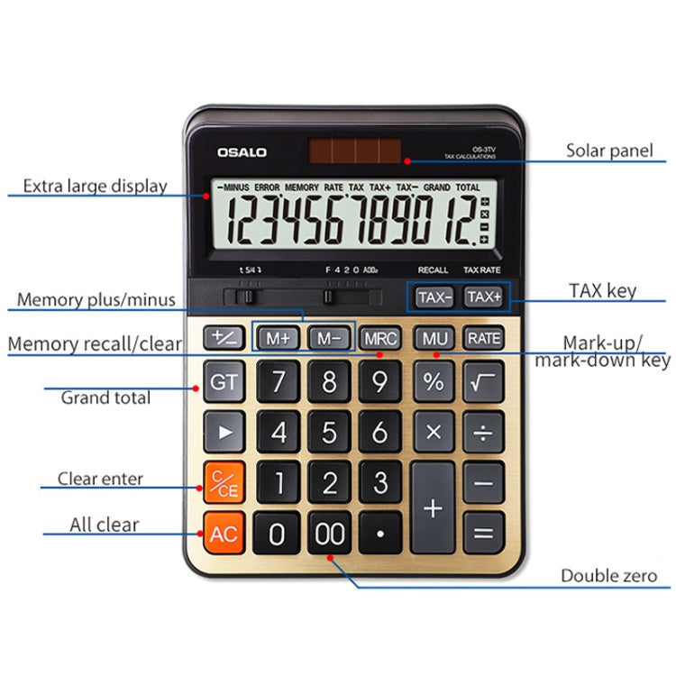 OSALO OS-3TV 12-digit LCD Screen Solar Dual Power Supply Desktop Calculator My Store