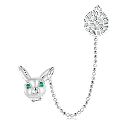 Sterling Silver S925 Platinum Plated Cute White Rabbit Clock Stud Earrings