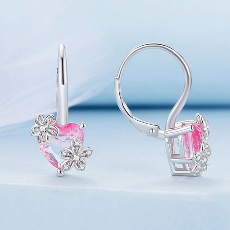 S925 Sterling Silver Pink Heart Cherry Blossom Earrings Reluova