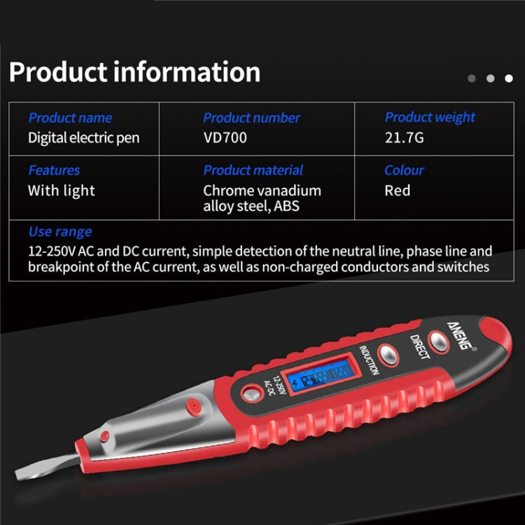 ANENG VD700 2pcs Sound and Light Alarm Non-contact Digital Display Sensor Multi-function Test Pen