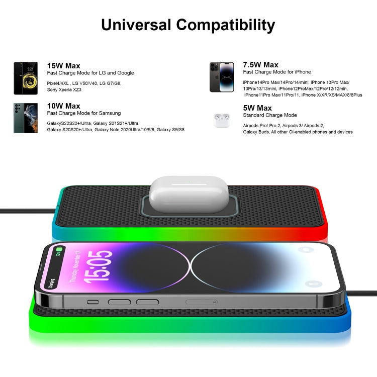 2 In 1 15W Car Mobile Phone Wireless Charger Non-slip Mat with Colorful Light-Reluova