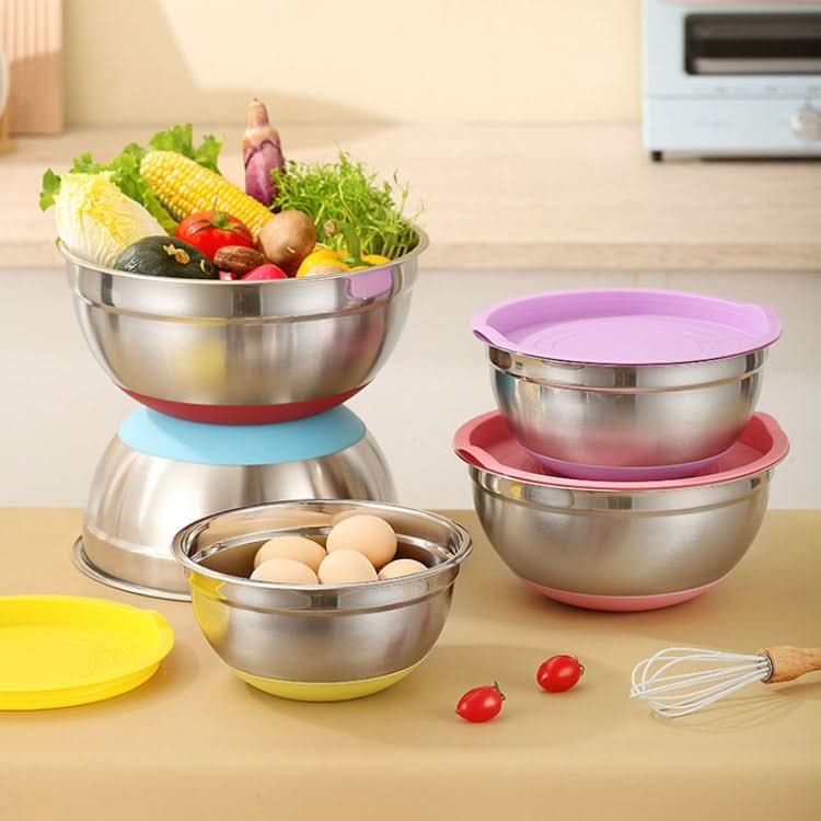 With Colorful Silicone Bottom & Lid Salad Bowl Stainless Steel Thickened Basin - Reluova