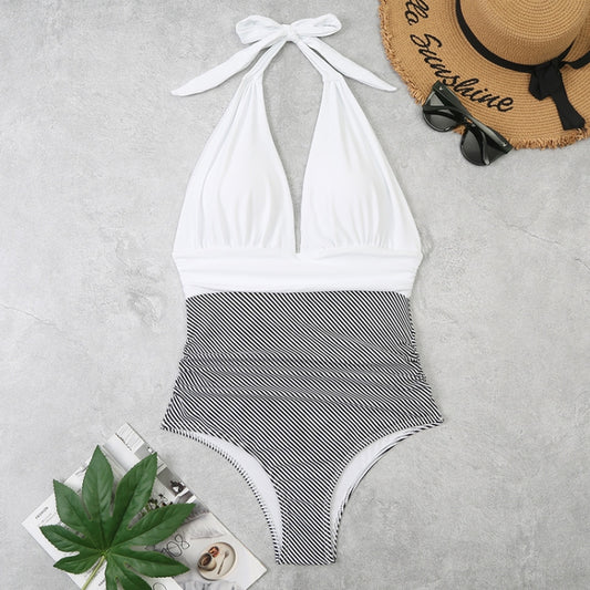 Sommerlicher einteiliger rückenfreier Schnür-Badeanzug für Damen mit Neckholder-Bikini mit Blumenmuster, Serie 1