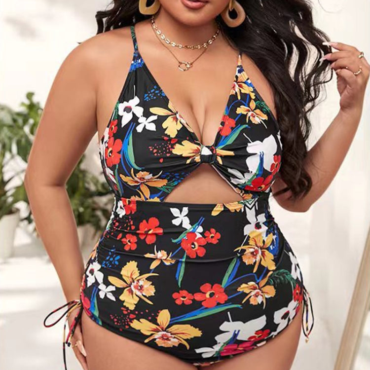 Digital Printing One-Piece Bikini Drawstring Lace-Up Halter Swimsuit