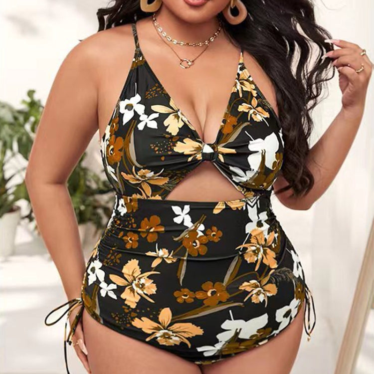 Digital Printing One-Piece Bikini Drawstring Lace-Up Halter Swimsuit