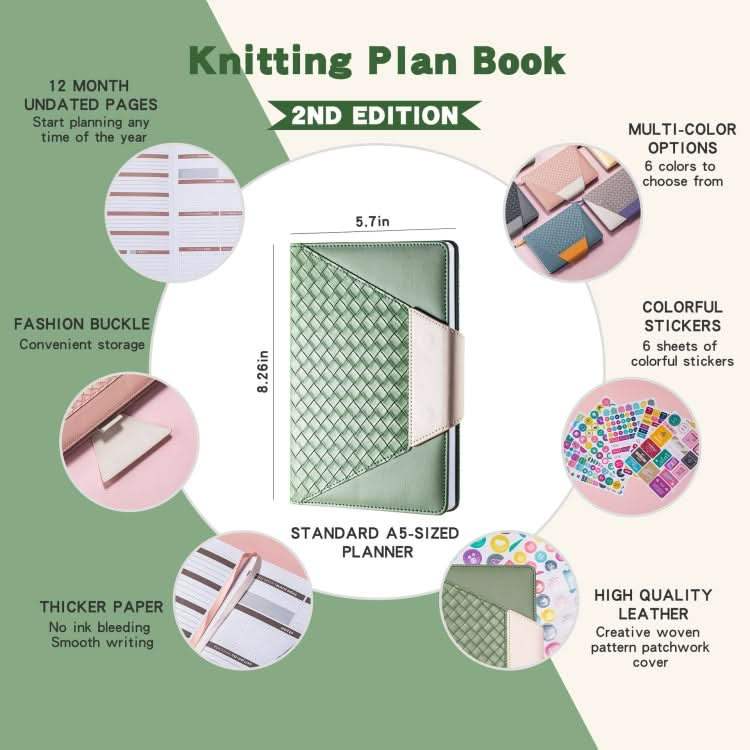 A5 PU Leather Knitting Planner Notebook Undated Weekly Plan Book(Green)-Reluova