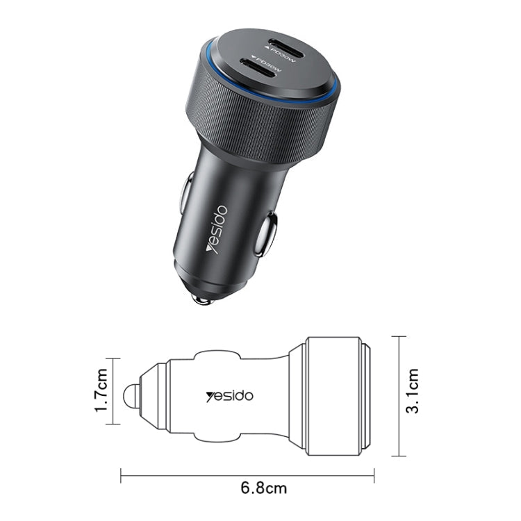 Yesido Y48  60W Car Fast Charger Aluminum Aluminum Double Type-C/USB-C Port Car Charger