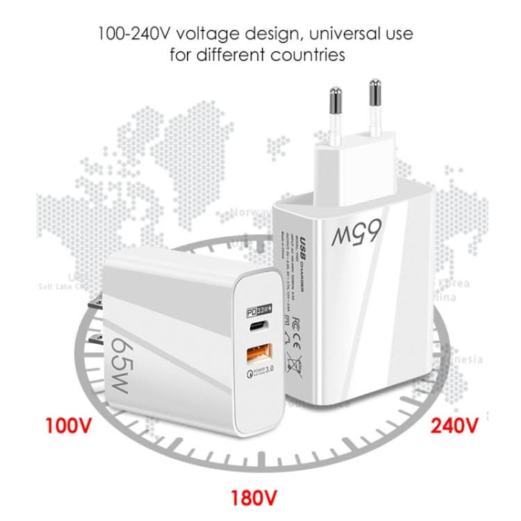 A502 65W USB-C/Type-C+USB Dual Port GaN Charger QC3.0 Laptop Universal Charger