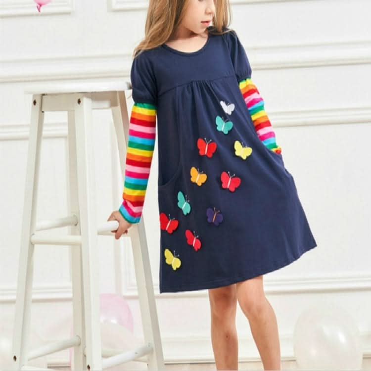 Girls Rainbow Long Sleeve Butterfly Embroidered Pattern Cotton Princess Dress Reluova